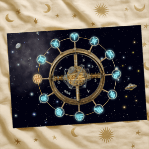 A space station showing zodiac signs as docking ports