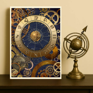 Brass and leather blue chart on shelf with armillary