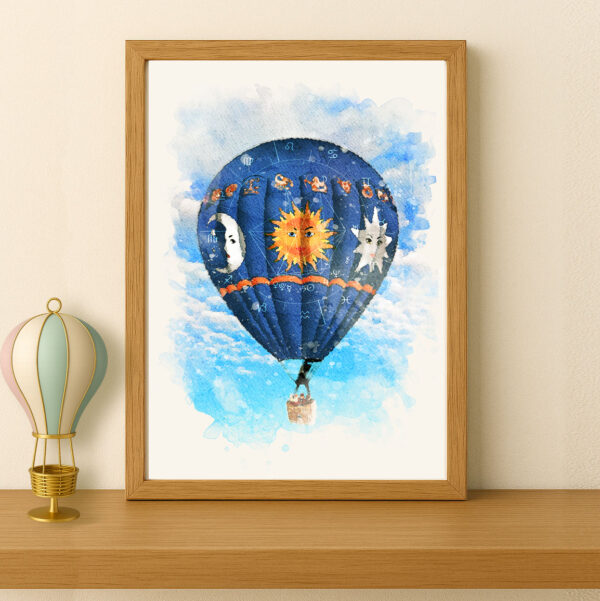 blue balloon with chart in wooden frame on shelf
