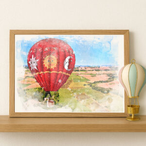red balloon with chart in wooden frame on wooden shelf