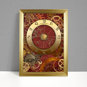 ARTstrology chart with red leather background and metal gears and cogs