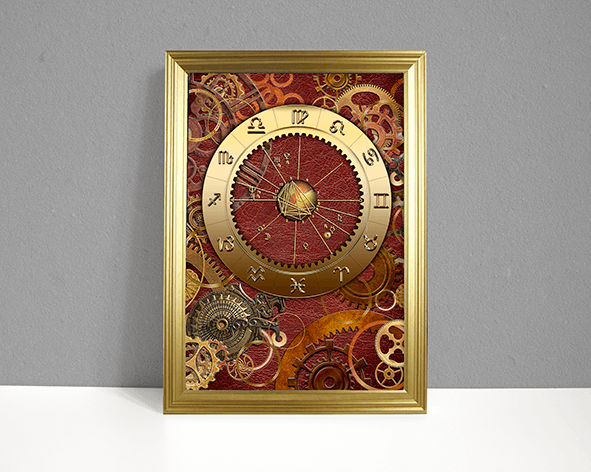ARTstrology chart with red leather background and metal gears and cogs