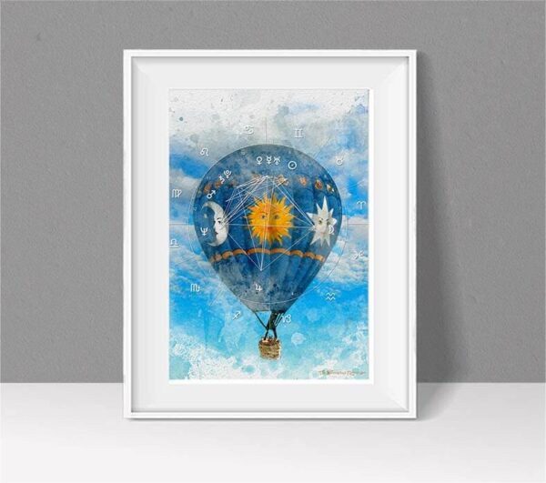 Astrology chart as Hot air balloon with blue sky and fluffy clouds as a watercolour