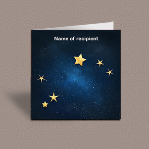 Square greetings card of Aries gold stars constellation on night sky background