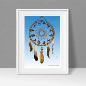 Dreamcatcher style Astrology chart against a sky blue background