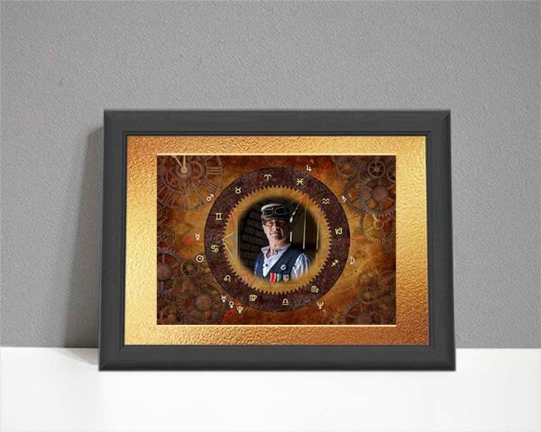 Steampunk design ARTstrology chart with gears and cogs plus the client's photo in the centre