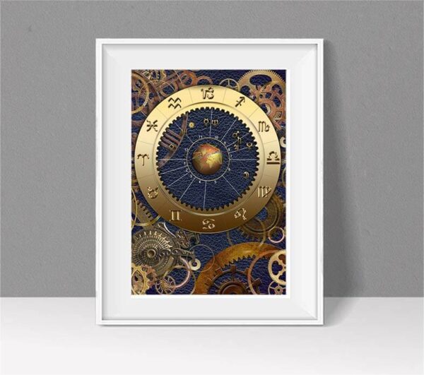 Astrology chart with blue leather background and showing brass gears and cogs