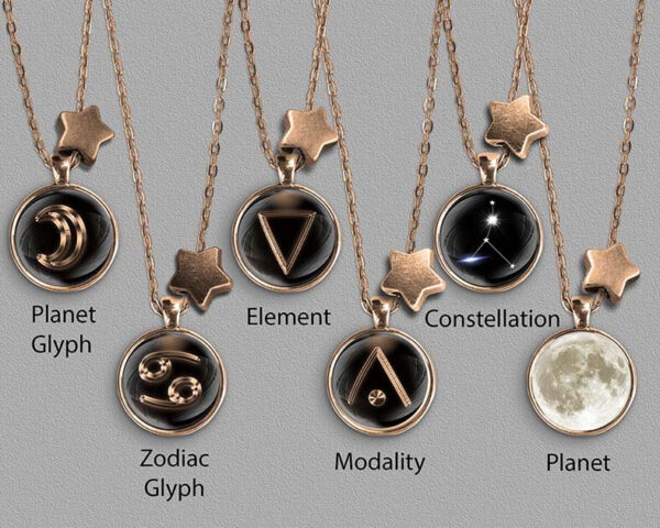 A range of Cancer zodiac designs set in bronze coloured pendants