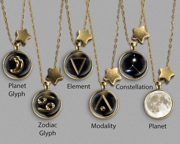 A range of Cancer zodiac designs set in gold coloured pendants