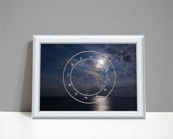 Astrology moonlit wedding chart showing moonlit night over sea as background