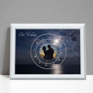 Astrology moonlit wedding chart with photo in centre showing moonlit night over sea as background