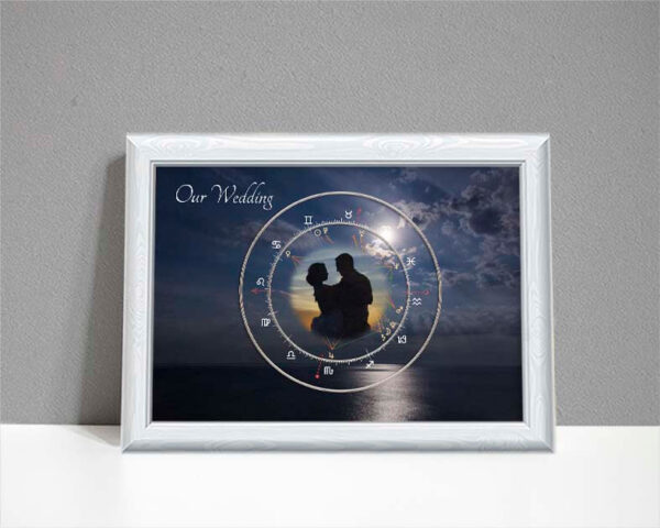 Astrology moonlit wedding chart with photo in centre showing moonlit night over sea as background