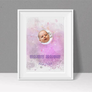 baby birth chart with baby photo in centre on pink/purple colour background