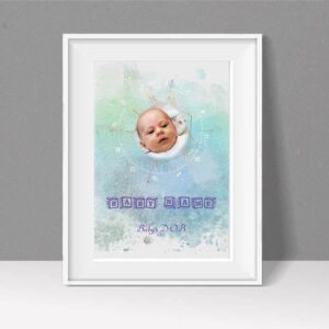 baby birth chart with baby photo in centre on blue colour background