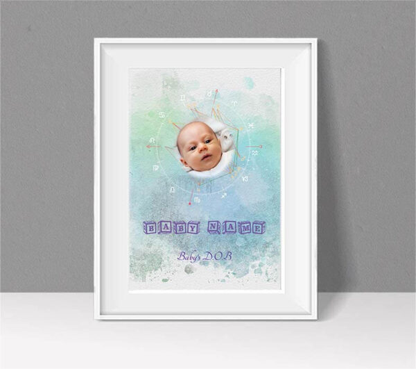 baby birth chart with baby photo in centre on blue colour background