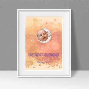 baby birth chart with baby photo in centre on peach colour background