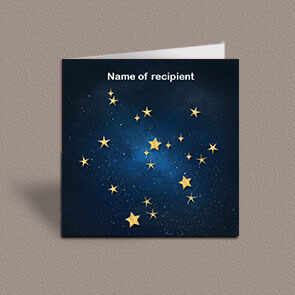 Square greetings card of Sagittarius gold stars constellation on night sky background