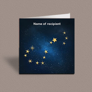 Square greetings card of Scorpio gold stars constellation on night sky background