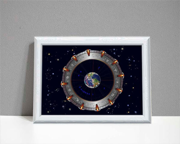 An ARTstrology chart inspired by the film Stargate showing a Stargate wheel with planet earth at the centre