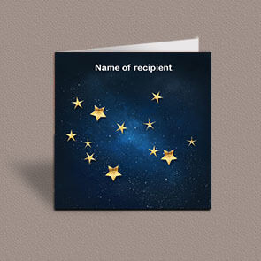 Square greetings card of Virgo gold stars constellation on night sky background