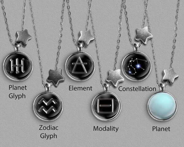 A range of Aquarius zodiac designs set in silver coloured pendants