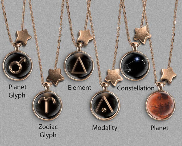 A range of Aries zodiac designs set in bronze coloured pendants