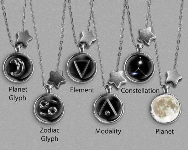 A range of Cancer zodiac designs set in silver coloured pendants