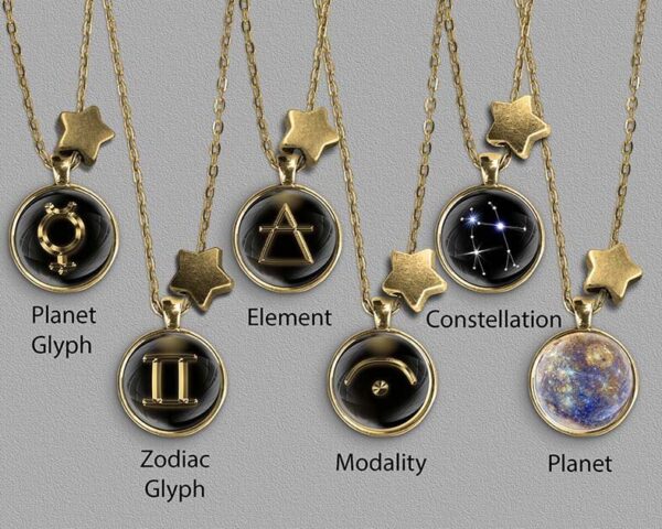 A range of Gemini zodiac designs set in gold coloured pendants