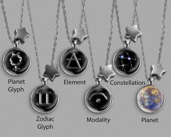 A range of Gemini zodiac designs set in silver coloured pendants