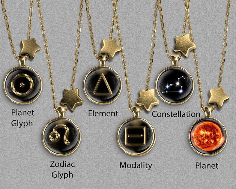 A range of Leo zodiac designs set in gold coloured pendants