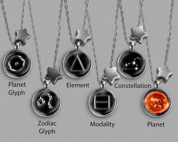 A range of Leo zodiac designs set in silver coloured pendants