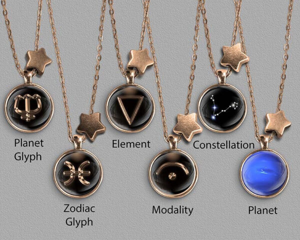 A range of Pisces zodiac designs set in bronze coloured pendants