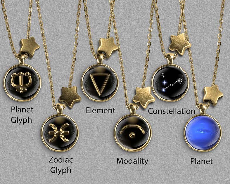 A range of Pisces zodiac designs set in gold coloured pendants