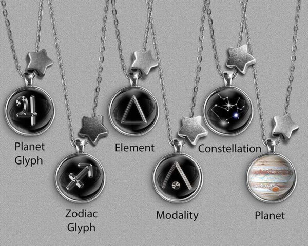 A range of Sagittarius zodiac designs set in silver coloured pendants