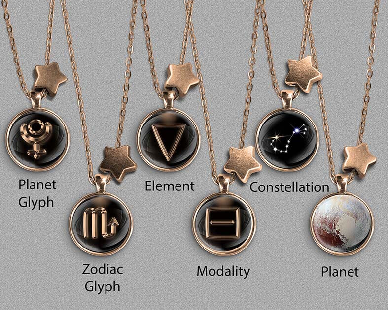 A range of Scorpio zodiac designs set in bronze coloured pendants
