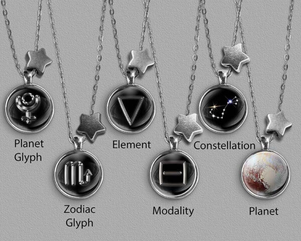 A range of Scorpio zodiac designs set in silver coloured pendants