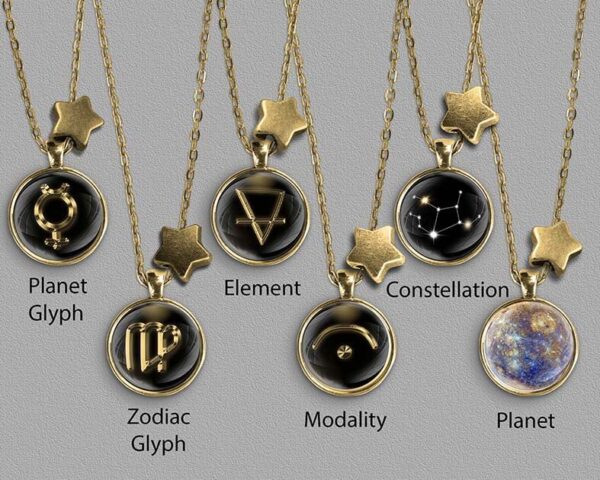 A range of Virgo zodiac designs set in gold coloured pendants