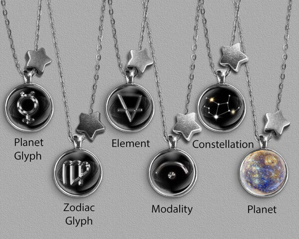 A range of Virgo zodiac designs set in silver coloured pendants