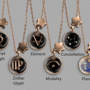 A range of Virgo zodiac designs set in bronze coloured pendants
