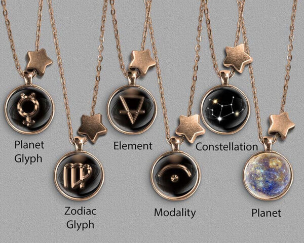 A range of Virgo zodiac designs set in bronze coloured pendants