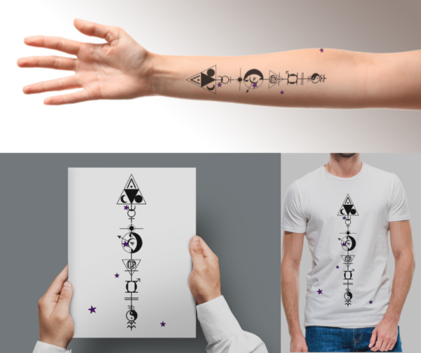 Bespoke Astrology Arrow montage as tattoo, print and T shirt design