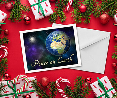 Planet Earth in space with saying Peace on Earth