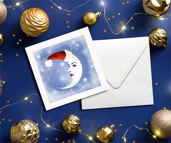Card with Moon in Christmas hat