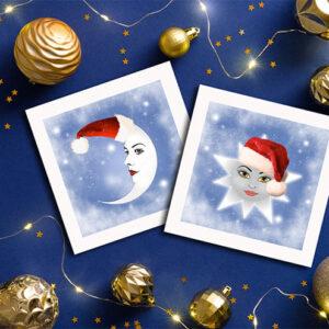 2 cards showing a star and a moon with christmas hats