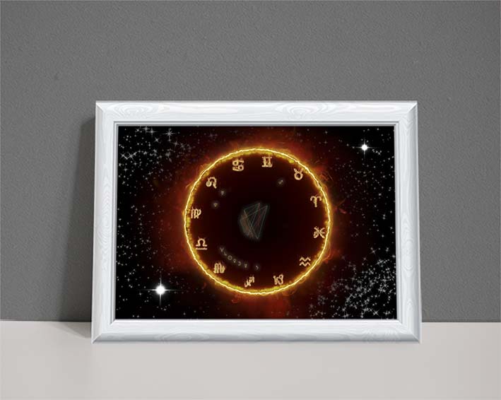 Fire element astrology chart drawn as flaming b;ack hole on starry background