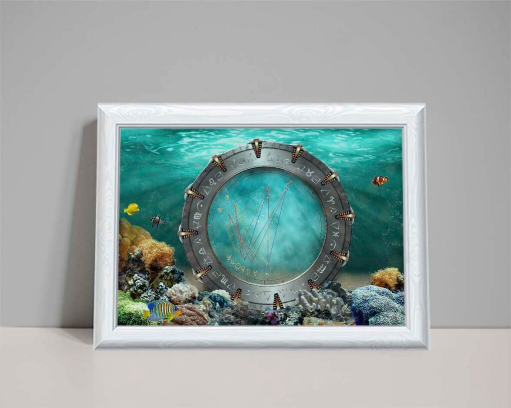 water element astrology chart showing Stargate resting on seabed with clear blue water