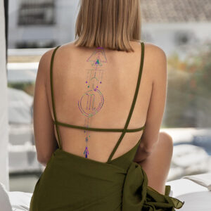 Multi colour fine line Astrology tattoo on woman's back