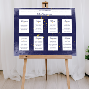 Horizontal wedding table seating plan on deep blue background